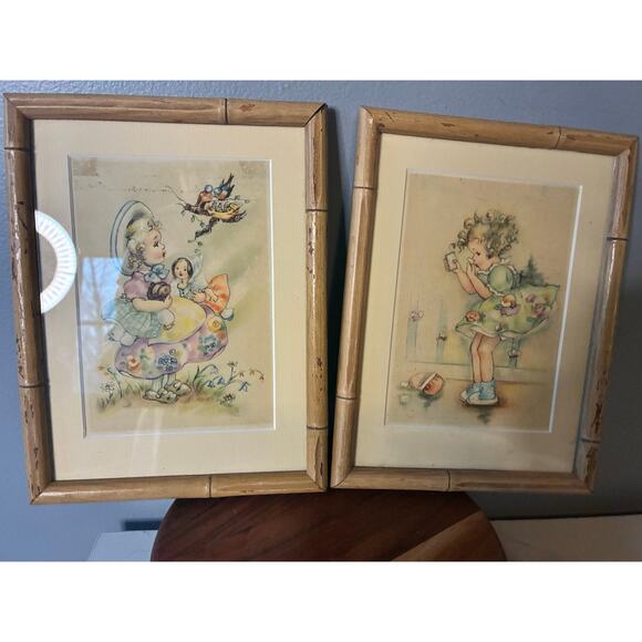 Vintage Nursery Wall Art Set of 2 Framed Children’s Illustrations Bamboo Frames - Picture 4 of 8